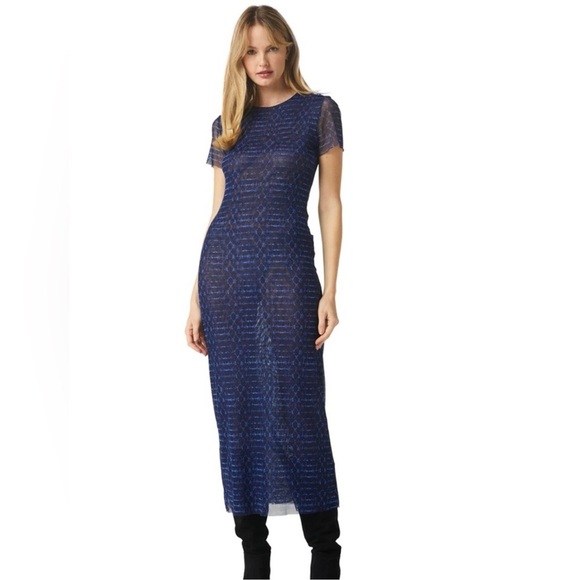 MISA Los Angeles Vanessa Patterned Column Maxi Dress Sheer Mesh Whimsy Sz Small - Picture 1 of 14